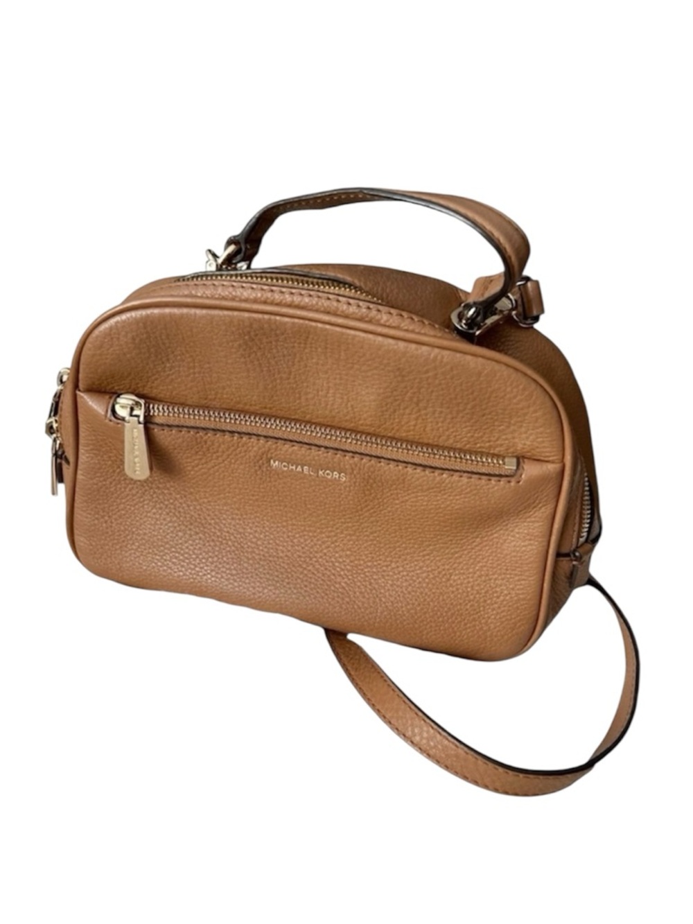 MICHAEL KORS Luka Small Satchel in Acorn Brown with top handle and crossbody
